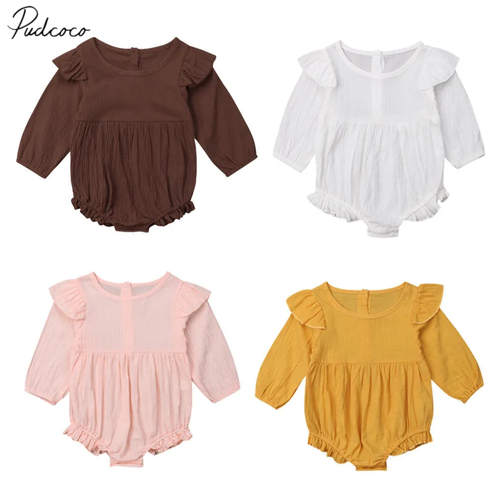 

2019 Brand New 0-3Y Newborn Infant Kids Baby Girl Boy Solid Bodysuit Long Ruffles Sleeve Jumpsuits Autumn Causal Clothes Outfits