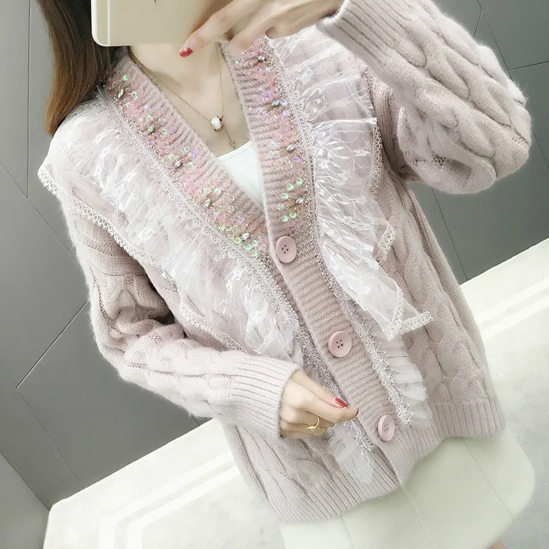 

Spring Autumn Knitted Sweater V-neck Cardigans For Women Long Sleeve Female Cardigan Lace Patchwork Sweaters Sueter Mujer