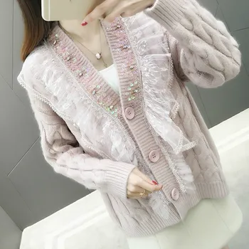 Spring Autumn Knitted Sweater V-neck Cardigans For Women Long Sleeve Female Cardigan Lace Patchwork Sweaters Sueter Mujer new preppy style children s clothing spring autumn winter long sleeve sweater cardigan boys cotton v neck solid kids sweaters