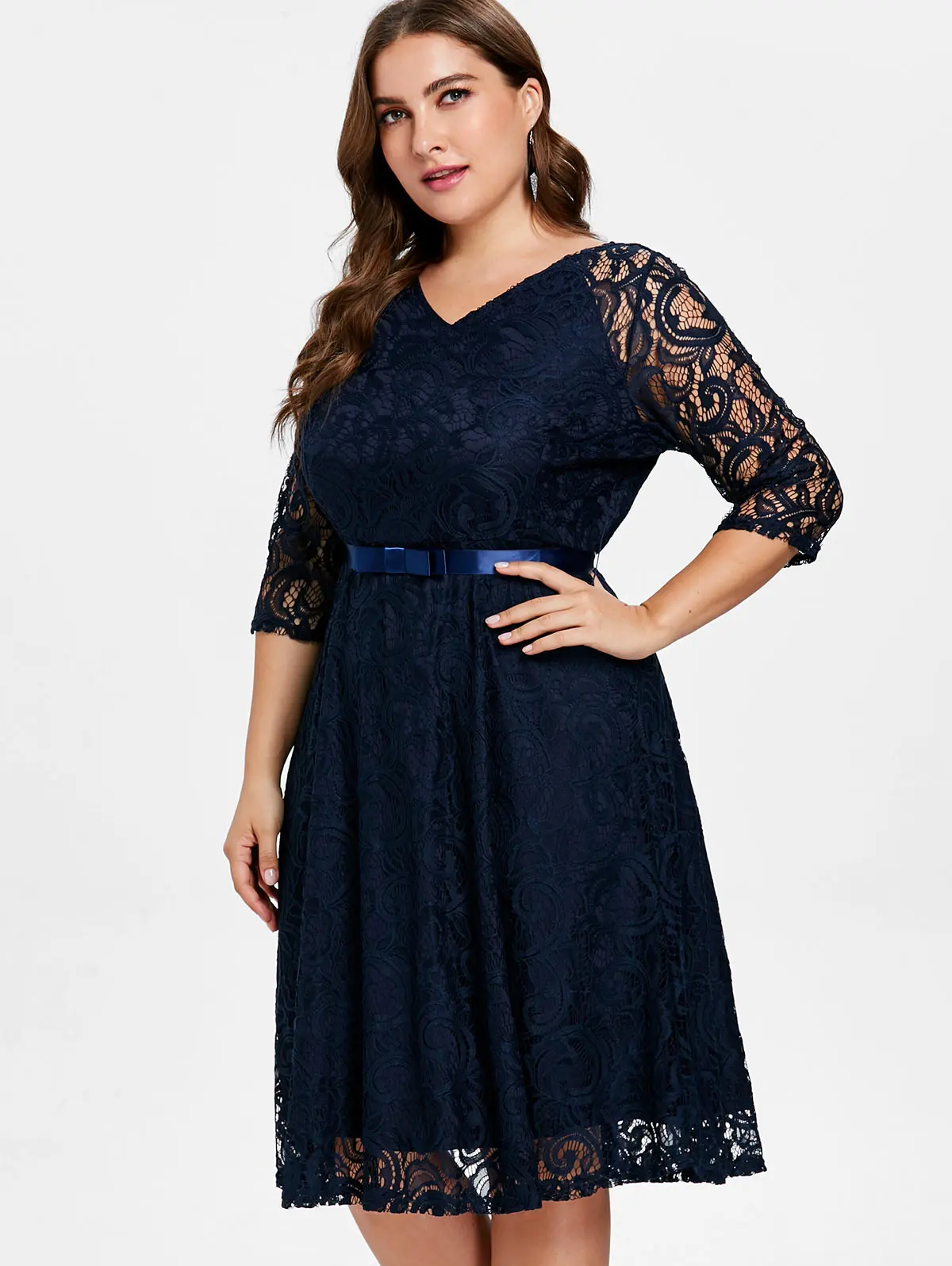 

Wipalo Women Tied Belted Plus Size Lace Knee Length Dress Solid V Neck Three Quarter Sleeve A Line Party Dress 4XL Vestidos