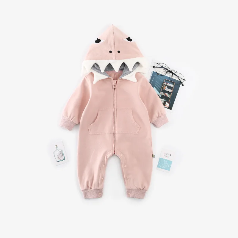 Cartoon shark baby jumpsuit long sleeve hooded baby romper baby robes full open zipper romper Autumn Baby clothing