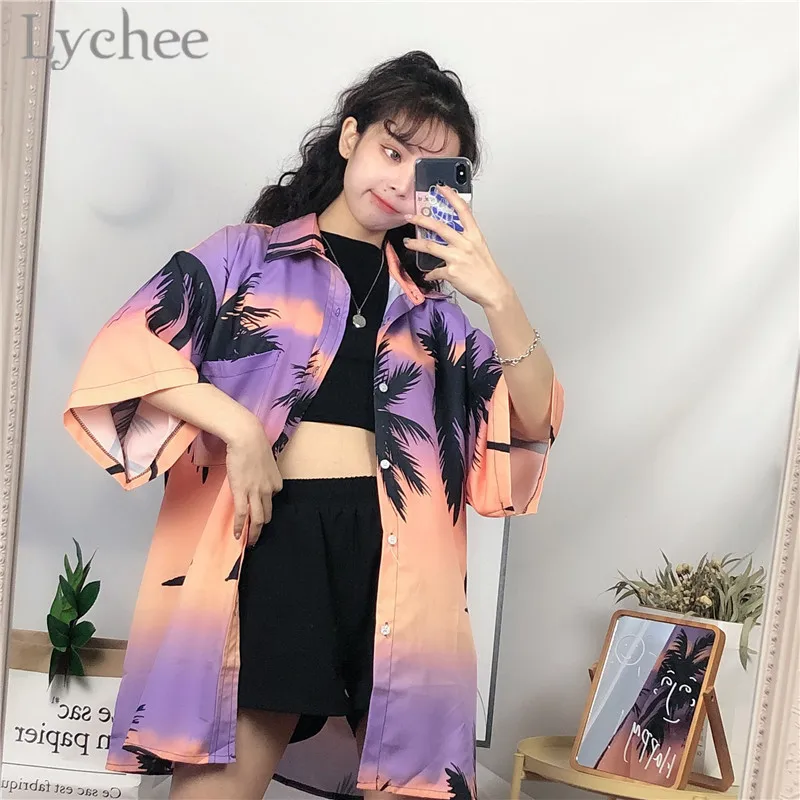 

Lychee Streetwear Coconut Tree Print Women Blouse Shirt Short Sleeve Turn Down Collar Casual Loose Female Blouse Top