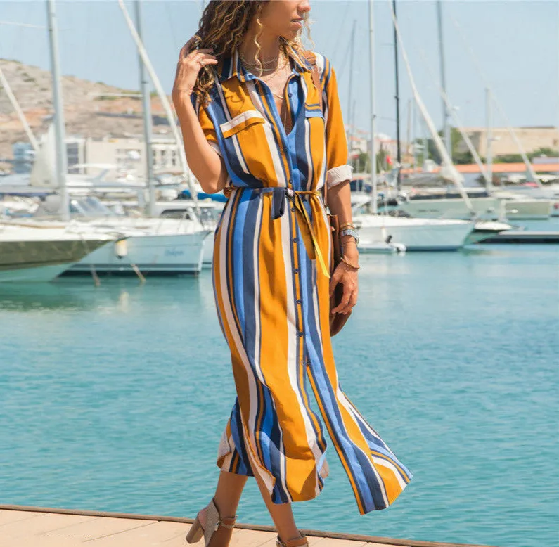 

Lady Women's Stripe Shirt Dress Casual Summer Autumn Clothing Long Sleeve Loose Shirt Blouse Long Dress