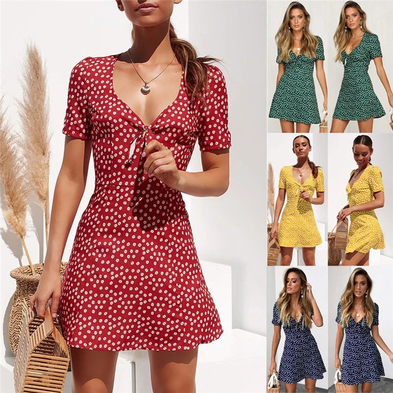 

2019 Ladies Women Dress Summer Short Sleeve Dot V-neck Vintage Boho Maxi Evening Party Beach Mini Dresses Sim Floral Sundress