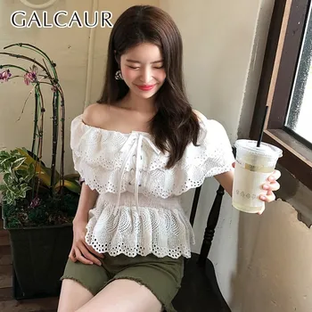 

GALCAUR Off Shoulder Women Shirt Slash Neck Butterfly Sleeve Bandage Hollow Out Slim Blouse Female Casual 2020 Spring Fashion
