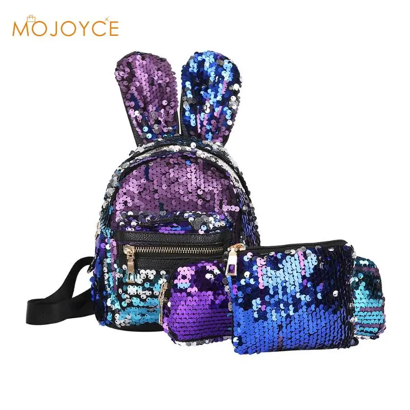 

3pcs/set Mini Sequins School Backpack Women Rabbit Ear Rucksack Pencil Bags