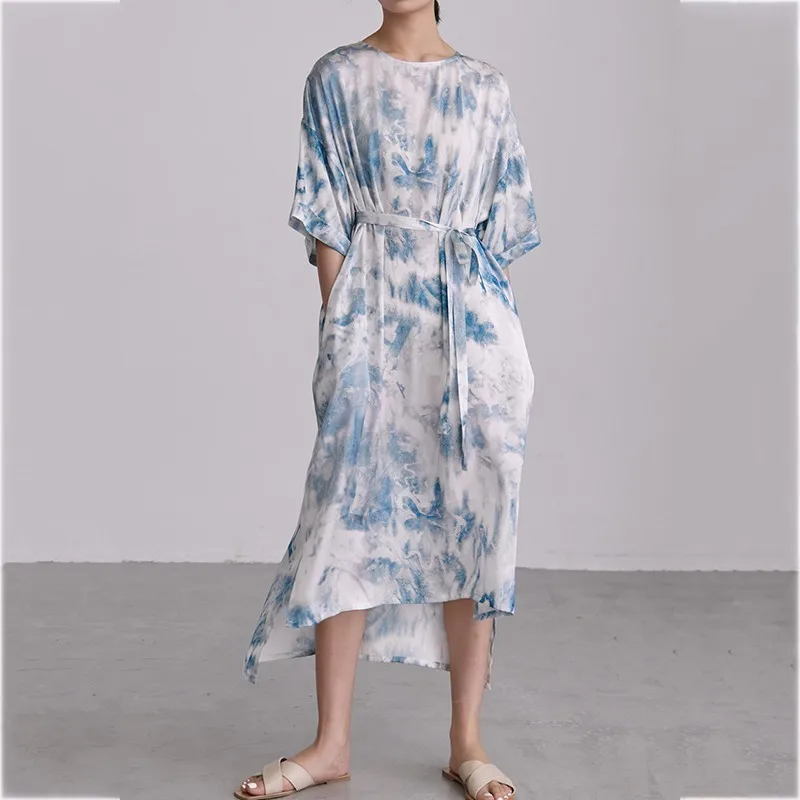 

[YaLee] New Fashion 2019 Spring Summer Blue Tie-dyed Printed Sashes Round Neck Irregular Thin Large Size Dress Women Y848