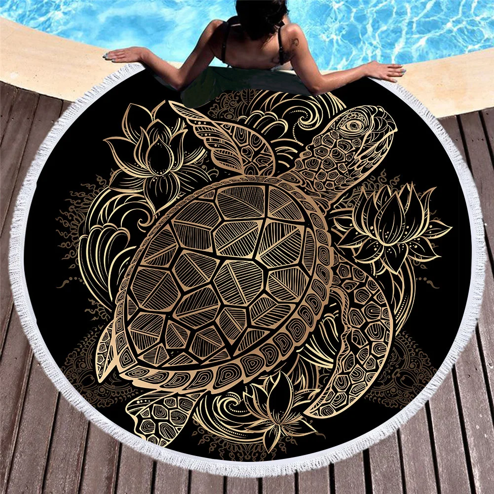 Раунд Turtles печатных Впитывающее пляжное полотенце с Ленточки микрофибры морские животные Черепаха пляжные Полотенца чехол для Ванная комната