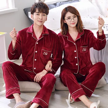 

Couple's Autumn Winter Long sleeve Island velvet sleepwear Cardigan Warm couple home service suit