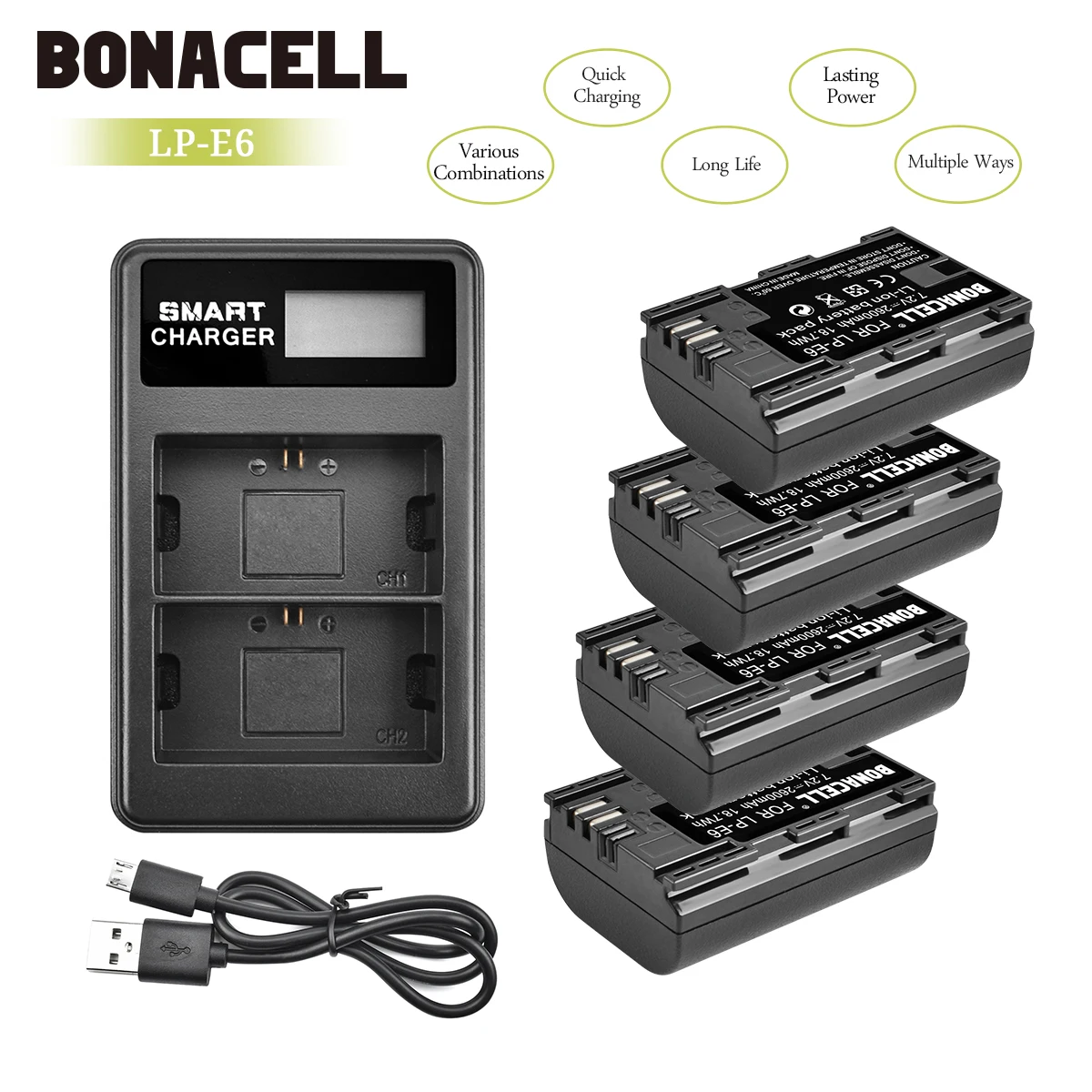 Bonacell 2600 мАч LP E6 батарея для цифровой камеры + двойное зарядное устройство Canon EOS 5D