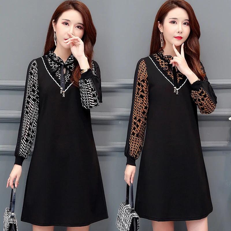 

2019 spring women large size long sleeve splicing A-line dress female fashion plus size Vintage print dresses 5XL