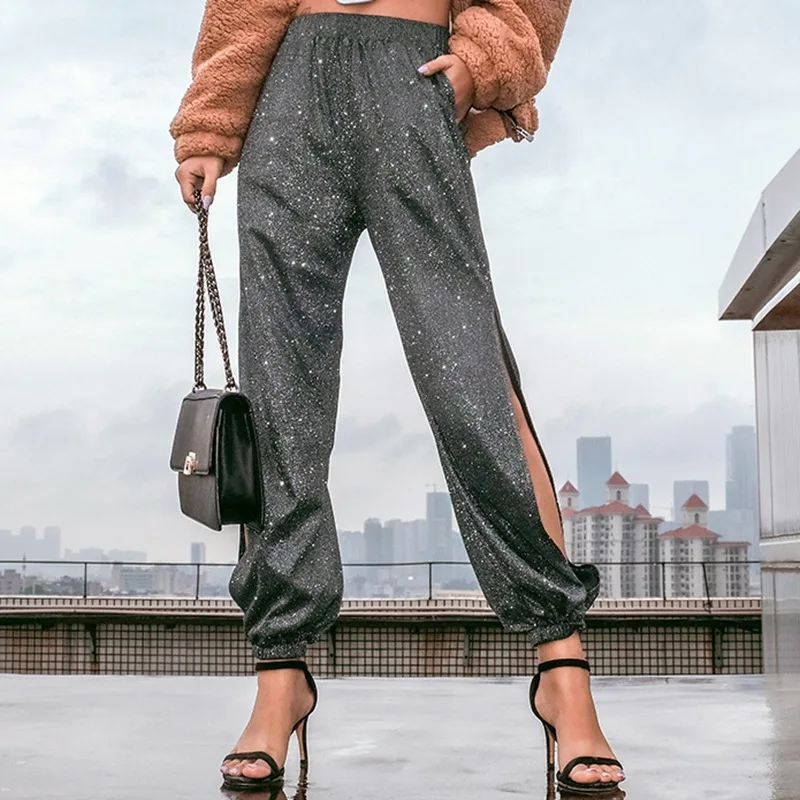 HOUZHOU Summer Women Side Split High Waist Harem Pants Streetwear Sexy Joggers Twinkle Elastic Waist Loose Casual Full Length HOUZHOU Summer Women Side Split High Waist Harem Pants Streetwear Sexy Joggers Twinkle Elastic Waist Loose Casual Full Length