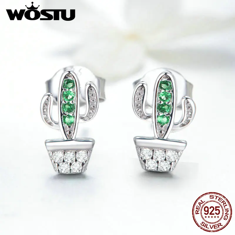 WOSTU подлинное серебро 925 пробы модные кактус серьги с прозрачным CZ женские