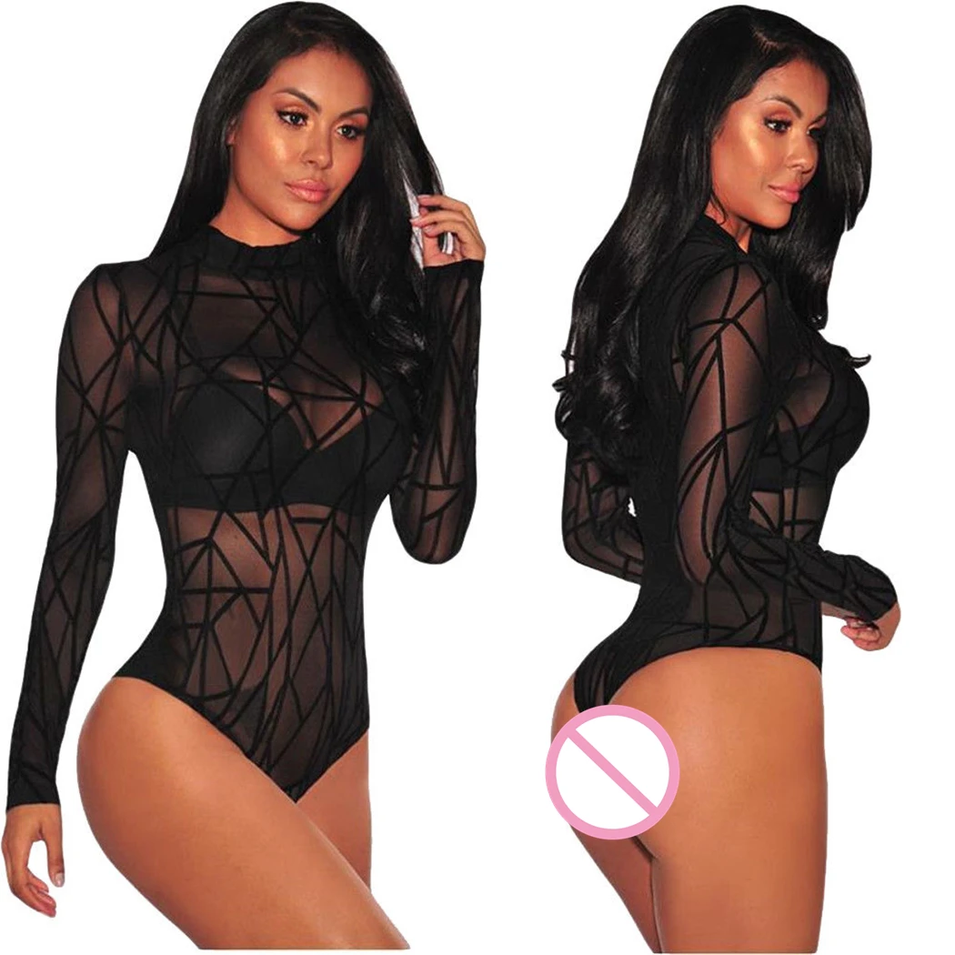 Sexy Transparent Sheer Mesh Bodysuit Tops Women Playsuit Party Club Overalls Long Sleeve Black Jumpsuit Romper Female Plus Size