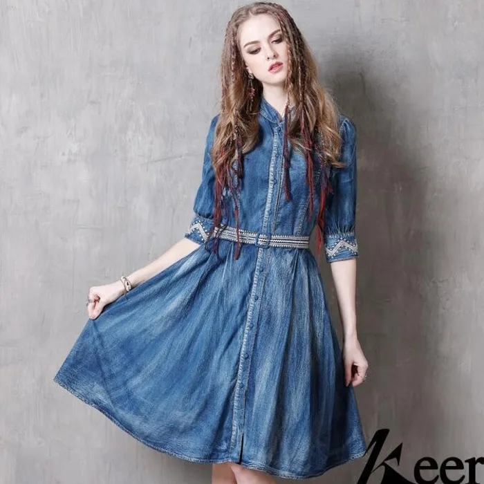 

#2454 Spring Stand Collar Embroidery Floral High Quality Vintage Denim Dresses Women Vintage With Belt Half Sleeve Jeans Dress