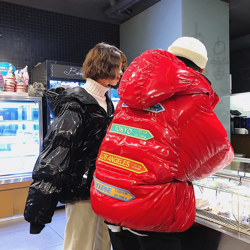 

Winter Man Light Noodles Cotton-padded Clothes Lovers Bread served Korean Edition letter patchwork loose casual thickened coat