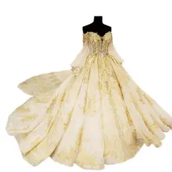 2018 золотые кружевные свадебные платья с длинным рукавом v-образный вырез собор поезд Свадебные платья с открытыми плечами Vestido De Noiva