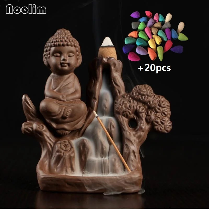 

NOOLIM Creativ Buddha Incense Burner Home Decor Smoke Backflow Incense Burner Waterfall Monk Censer Stick Incense Holder