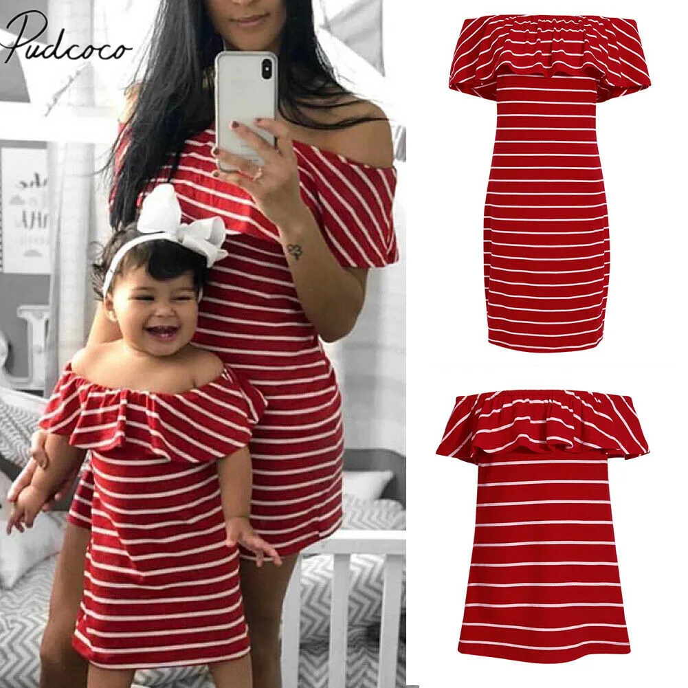 

2019 Summer Matching Clothing Mother and Daughter Dress Parent-child Dress Off Shoulder Ruffles Striped Straight Family Clothes