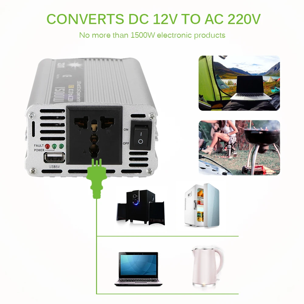 Onever 1500 Вт автомобильный инвертор с USB зарядное устройство конвертер адаптер преобразователь напряжения модифицированная Синусоидальная волна DC 12 В к AC 220 В