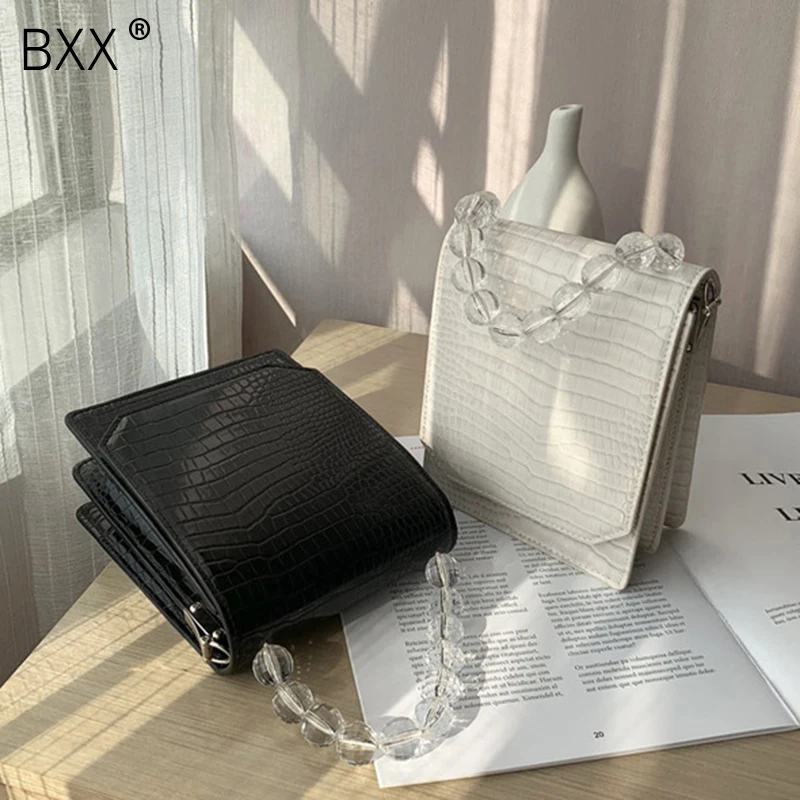 

[BXX] 2019 spring summer black white Crocodile pattern single strap bead handle Square shape Messenger handbag Woman LM620