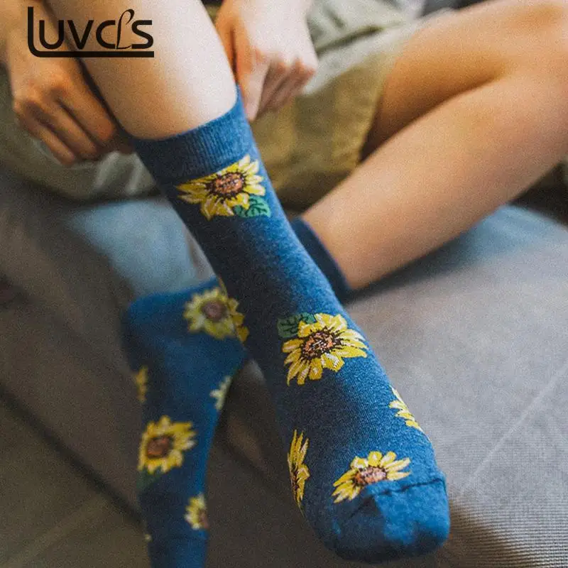 LUVCLS 1pair Sunflowers Print Women Socks Soft Cotton Harajuku Socks Harajuku Casual Compression Socks For Women Ladies