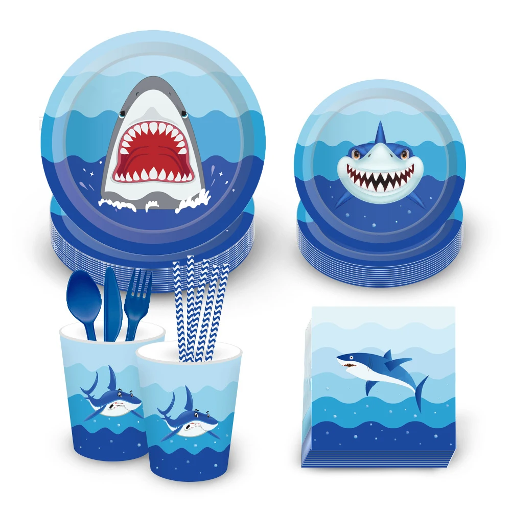 

OHEART Baby Shark Birthday Party Kids Disposable Tableware Plate Napkin Cup Towel children's day Baby Shower Decoration Supplies
