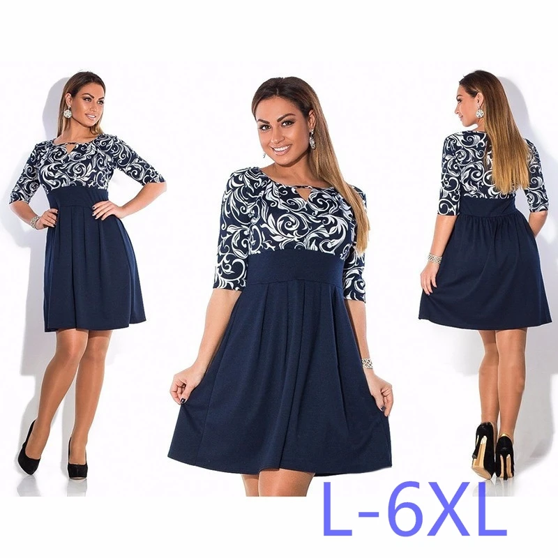 

5XL 6XL Large Size 2019 Spring Summer Autumn Dress Big Size Printed Dress Casual Patchwork Loose Dress Plus Size Women Clothing