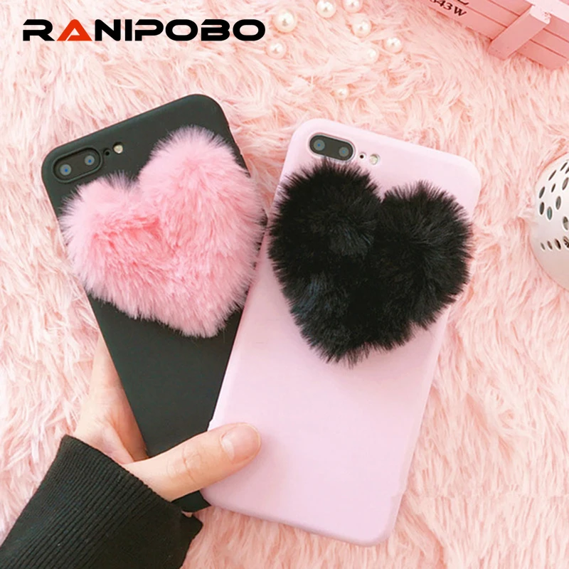 

Cartoon 3D Love Heart For iPhone X 6 6S 7 8 Plus Fashion Lovely Soft TPU Cover For iPhone XR XS Max Luxury Rabbit Fur Back Cover