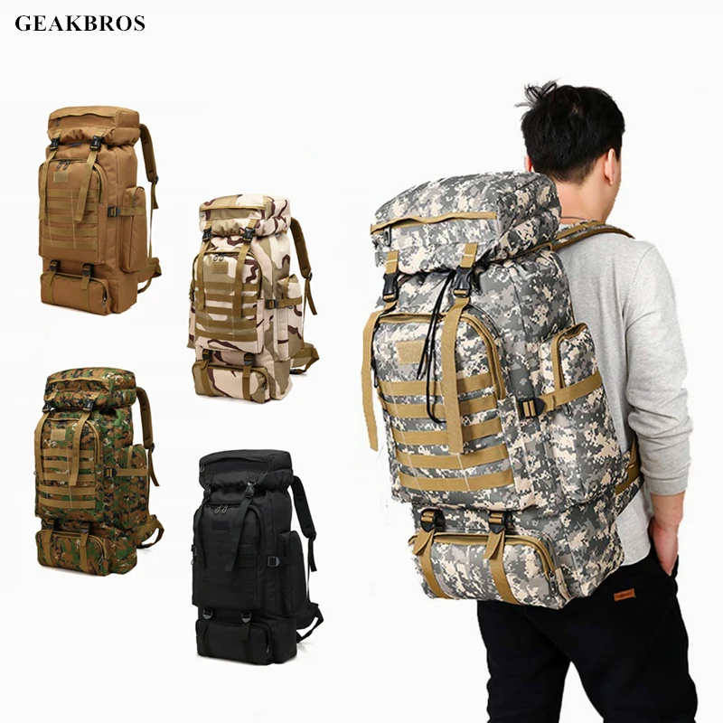 80L Waterproof Molle Camo Tactical Backpack Military Army Hiking Camping Backpack Travel Rucksack O