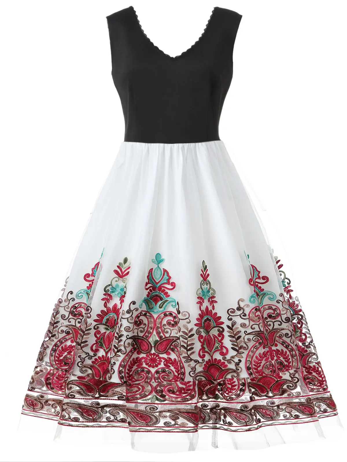 Винтажное платье с вышивкой и кружевной панелью размера плюс, v-образный вырез, 50 s, вечерние платья, женские летние платья, рокабилли