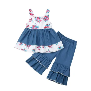 

2PCS Newborn Toddler Kids Baby Girl Summer Denim Clothes Ruffle Floral Sleeveless Tops Dress Pants Jeans Cute Outfit 1-5T