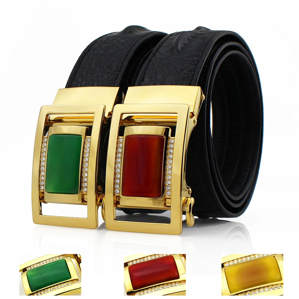 

New Fashion Cow Genuine Leather Business Belts For Men High Quality Luxury Jade Automatic Buckle Cowhide Crocodile Pattern