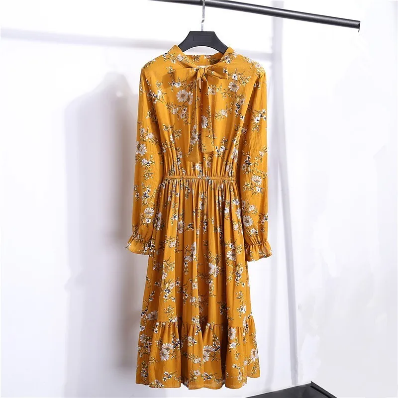 Осеннее платье с цветочным принтом шифоновое праздничное Vestido Mujer корейское
