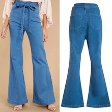 Новые винтажные женские классические джинсовые брюки-клёш с завышенной талией, джинсы-клеш, повседневные широкие брюки с поясом, брюки, Pantalon Mujer