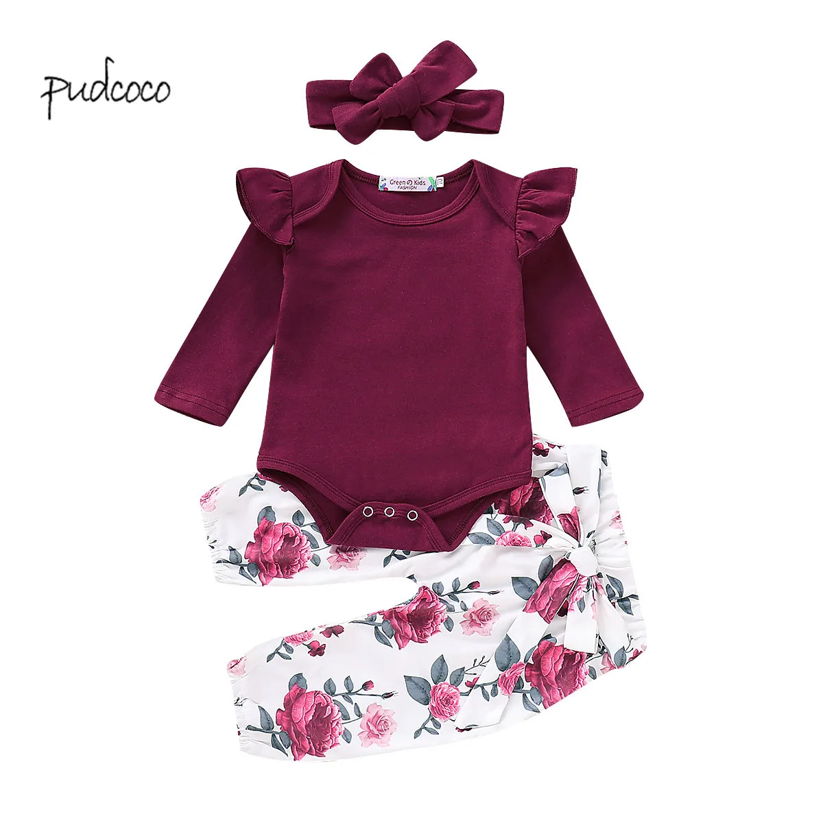 

Pudcoco New Brand 3pcs Newborn Baby Girls Long Sleeve Bodysuit + Floral Pants + Headband Outfits Set
