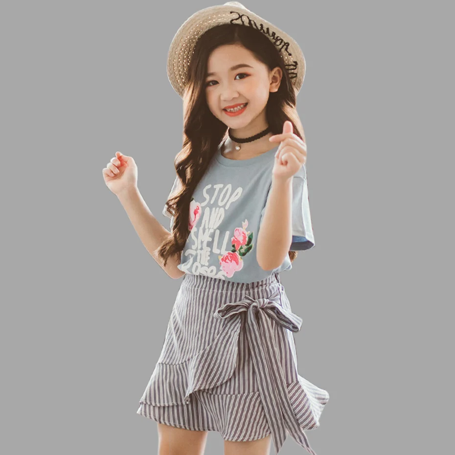 

Summer girl costume suit floral shirt + striped bow skirt 2 piece set casual suit girl winter clothes girl 6 8 12 years