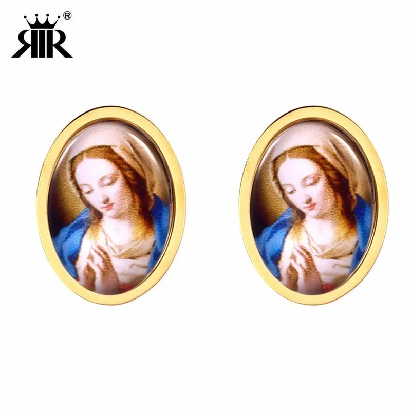 

RIR Classic Stainless Steel Silently Praying Virgin Mary Catholic Stud Earrings Mother Religious Art Jewellery Stud Earrings