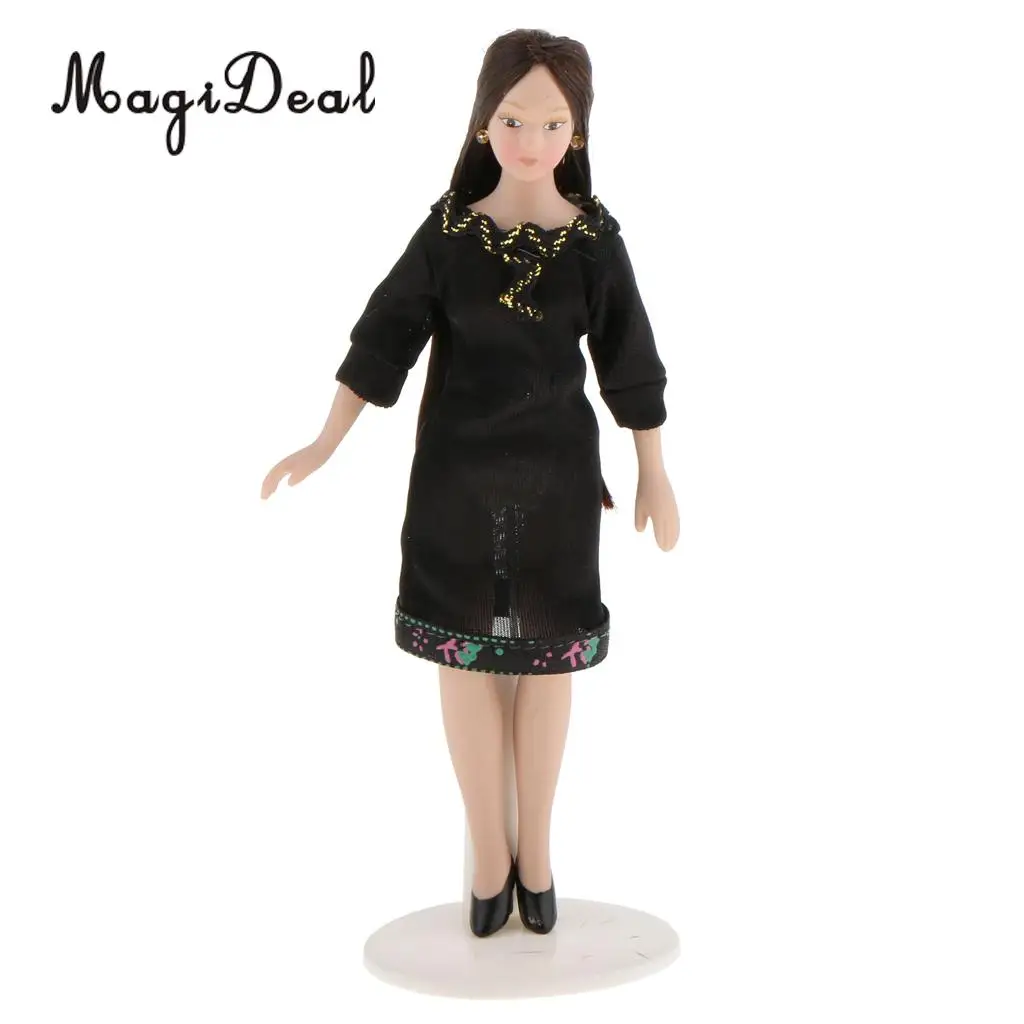 

1/12 Scale Dollhouse People Model Miniature Doll Career Woman in Black Dress for Dolls House Home Decor Kids Children Toy