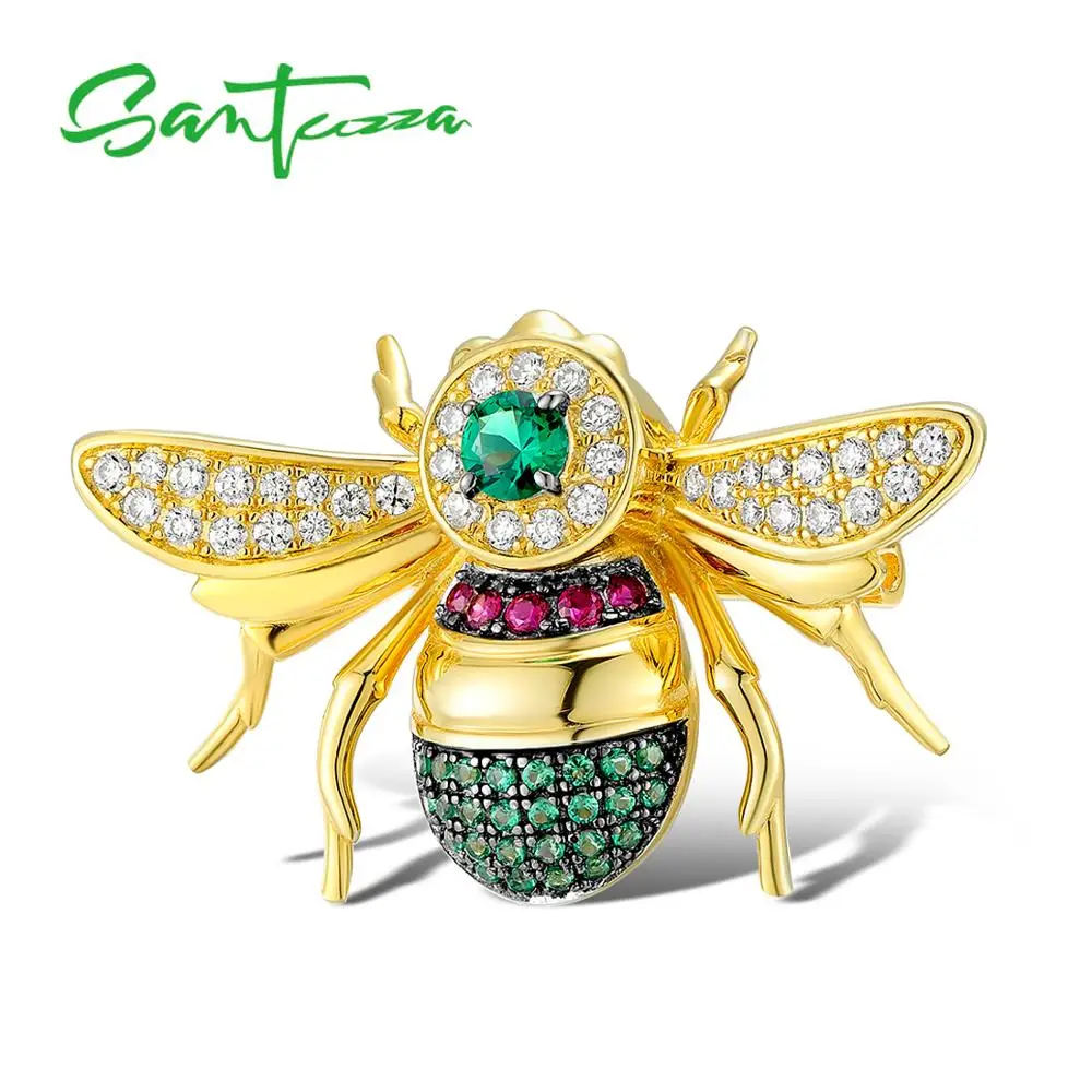 

SANTUZZA Silver Brooch for Women Authentic 100% 925 Sterling Silver Gold Color Lovely Bee Insect Brooch Trendy Fashion Jewelry