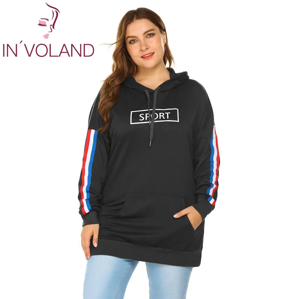 

IN'VOLAND Hooded Loose Autumn Drawstring Winter Women Casual Long Print Sleeve Sweatshirt Letters Plus Size Pullover