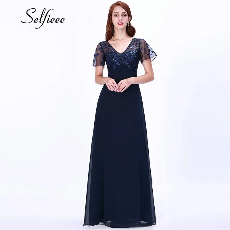 

2019 New Fashion Elegant Dress Women A Line V Neck Short Sleeve Long Chiffon Beach Dress Formal Party Gowns Vestidos De Fiesta