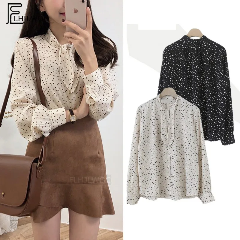 

Polka Dot Blouses Shirts New 2019 Spring Design Korean Styel Long Sleeve Preppy Style countryside Girls Cute Bow Tie Top Blouse
