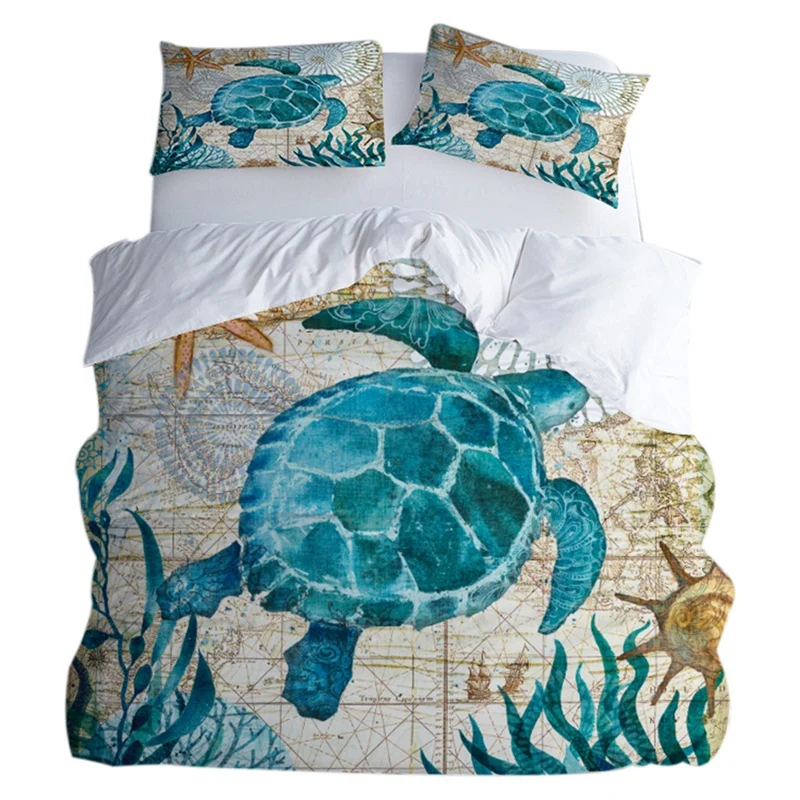 

Duvet Cover Set Of 3 Sets Of Polyester Soft And Breathable, Home Textile Seaweed Turtle Print Bedding Including 1 Quilt Cover