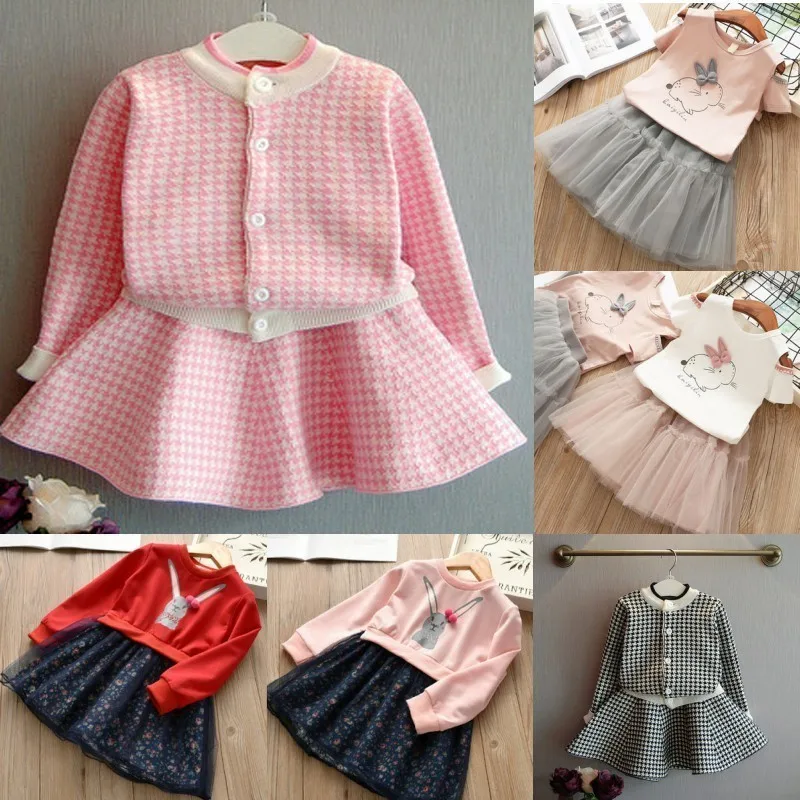 

Girls Dress Spring New Cotton Pleated Autumn And Winter Knitted Baby Cardigan Foreign Trade Children's Dresses Two-piece Minni