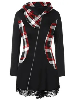 

Wipalo Plus Size Lace Insert Plaid Zip Fly Coat Women Jacket Casual Slim Long Sleeves Irregular Coats 2019 Outwear Ladies Tops