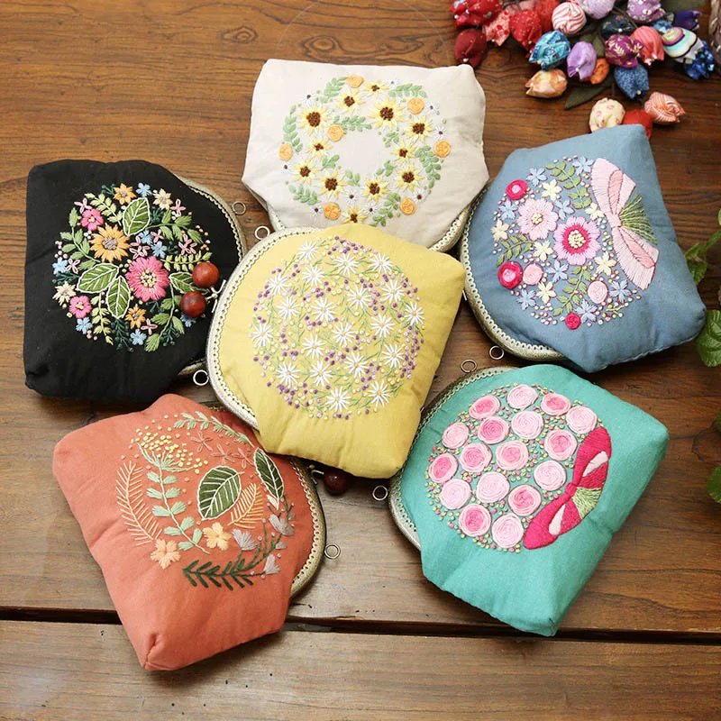 

DIY Handmade Kit Coin Bag 1 Set Creative Gift Hand Embroidery European Style Travel Outdoor Holder Linen Change Purse Vintage