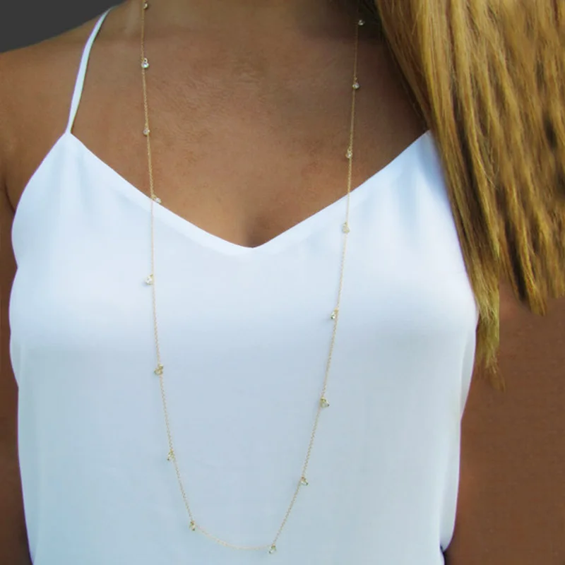 

Hot 1PC Necklaces Sweater Long Tassel Delicate Rhinestones Jewelry Adjustable Silver Crystal Golden Simple Valentines Gift