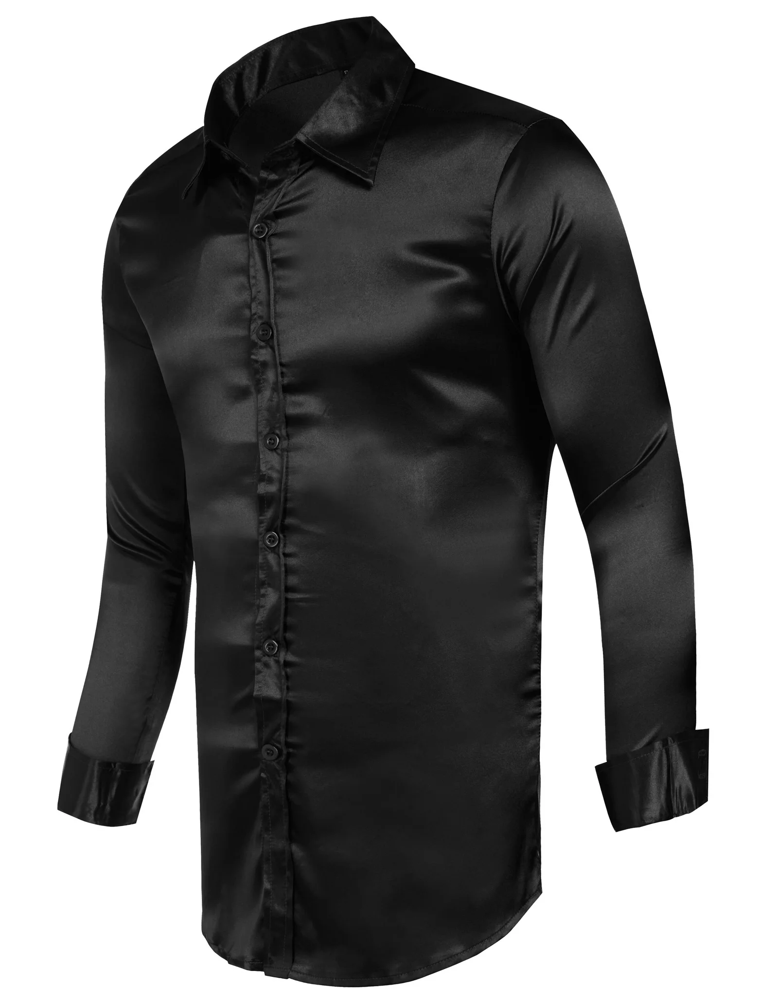 Fashion Mens Silk Like Satin Dress Shirts Slim Fit Long Sleeve Casual ...