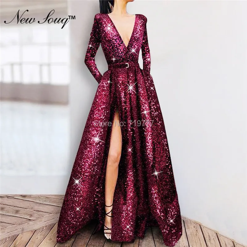 

Shiny Fabric Deep V Neck Evening Party Gowns Saudi Arabia High Split Side Sexy Prom Dresses Turkish Kaftan Pageant Gown 2019